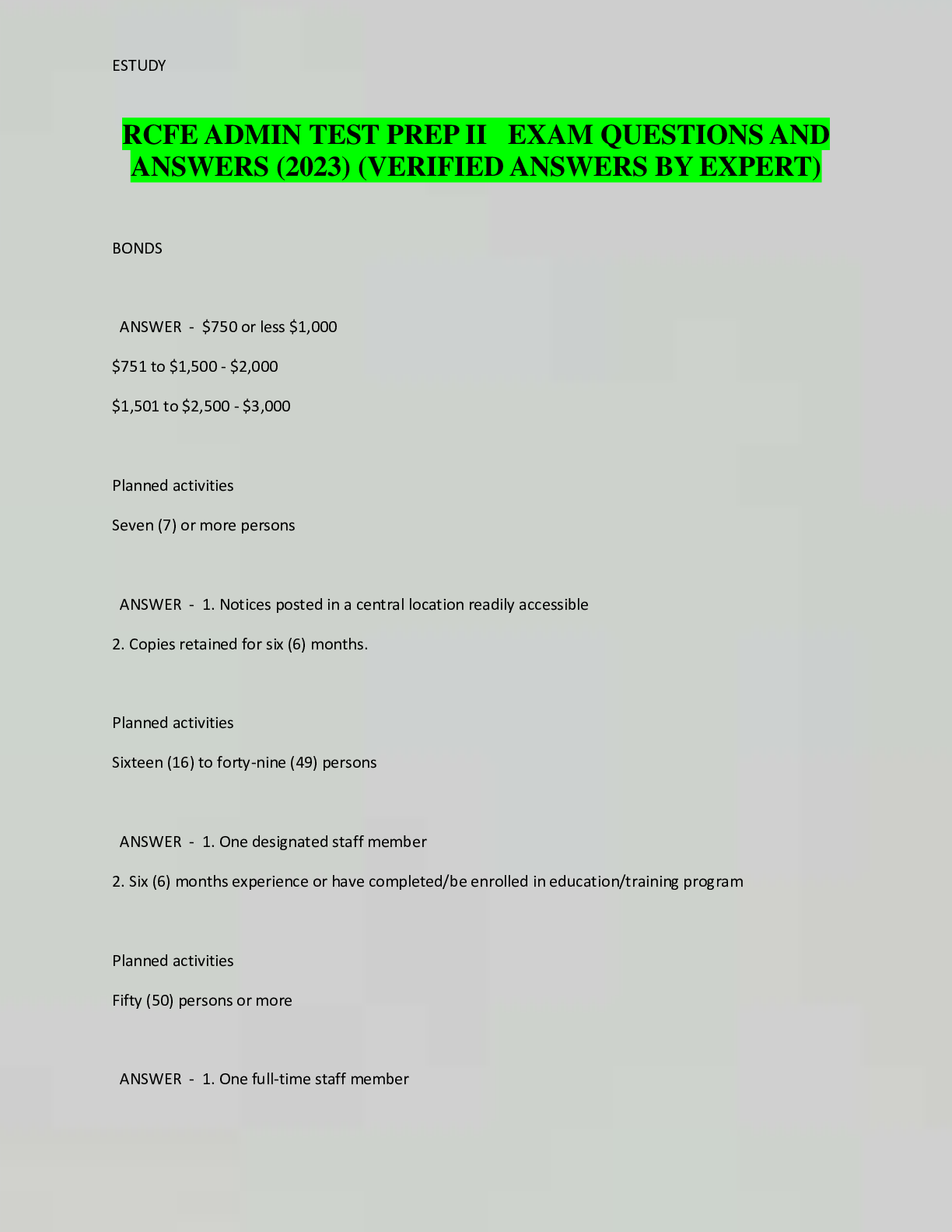 Preview image for RCFE ADMIN TEST PREP II EXAM QUESTIONS AND  ANSWERS (2023) (VERIFIED ANSWERS BY EXPERT)